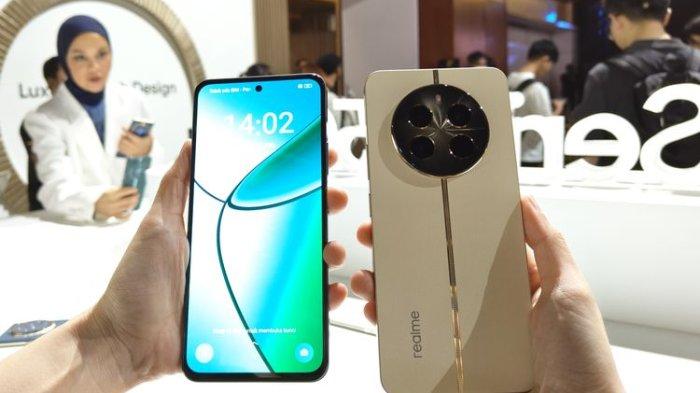 Tampilan punggung dan layar Realme 12 Plus varian warna Navigator Beige