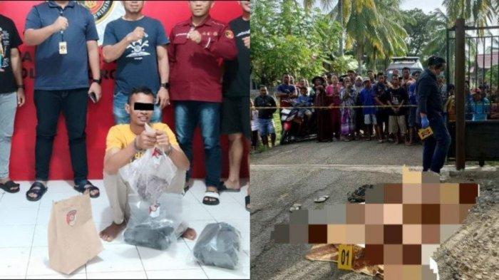 Terduga pelaku, YP (28), saat diamankan Polres Gorontalo (foto kiri). Sebelumnya warga Desa Isimu Raya digegerkan penemuan mayat di depan sekolah dasar (foto kanan).