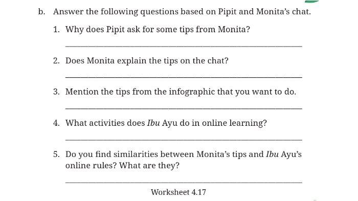 Soal Worksheet 4.17 untuk kunci jawaban Bahasa Inggris SMP Kelas 7 Buku English For Nusantara Kurikulum Merdeka Halaman 177 poin b Section 3 Reading and Viewing Unit 2 My Online Class pada Chapter 4 My School Activities.