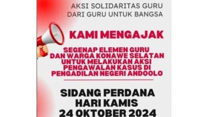 Aksi solidaritas terhadap Supriyani, guru honorer di Konawe Selatan yang ditahan atas dugaan pemukulan murid yang adalah anak polisi.