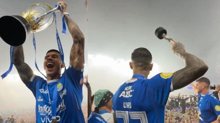ANGKAT TROFI - Striker Persib Bandung, Ciro Alves merayakan kemenangan klubnya sebagai juara Liga 1 2024/2025 bersama bobotoh di Stadion Gelora Bandung Lautan Api (GBLA), Sabtu (24/5/2025).