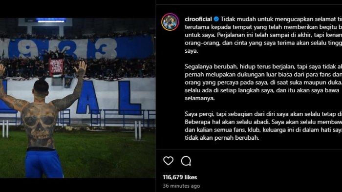 CIRO ALVES PAMIT - Foto tangkapan layar Instagram Ciro Alves saat ucapkan pamit, Sabtu (26/4/2025). Kemenangan Persib Bandung atas PSS Sleman tak hanya diwarnai dengan rasa bahagia seluruh elemen di tubuh tim dan Bobotoh, namun juga ternyata diwarnai haru biru. Aktor utama penyebab rasa haru datang dari sosok Ciro Alves. Beberapa saat setelah laga usai, Ciro Alves terpantau mengucapkan pamit.
