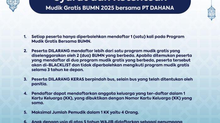 MUDIK GRATIS PT DAHANA - PT DAHANA secara resmi membuka program pendaftaran Mudik Gratis untuk masyarakat yang akan bertemu keluarga di kampung halaman saat menjelang Hari Raya Idul Fitri 1446 H. Peserta mudik gratis DAHANA rencananya akan berangkat dari Bale DAHANA, Subang dan Gelora Bung Karno, Jakarta pada Kamis, 27 Maret 2025.