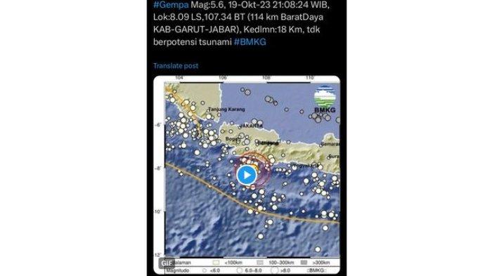 Data gempa bumi yang terjadi pada Kamis (19/10/2023) malam.