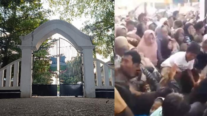 TRAGEDI GARUT - (kiri) Gerbang Barat Pendopo Garut, Kabupaten Garut, Jawa Barat, titik lokasi tragedi maut saat warga berdesak-desakan dalam pembagian makanan pada rangkaian acara pernikahan Wakil Bupati Luthfianisa Putri Karlina dan Maula Akbar, Jumat (18/7/2025). (kanan) Warga berdesak-desakan di gerbang pendopo Garut menunggu gelaran makan gratis yang merupakan rangkaian kegiatan pernikahan Wakil Bupati Garut Putri Karlina dan Maula Akbar.