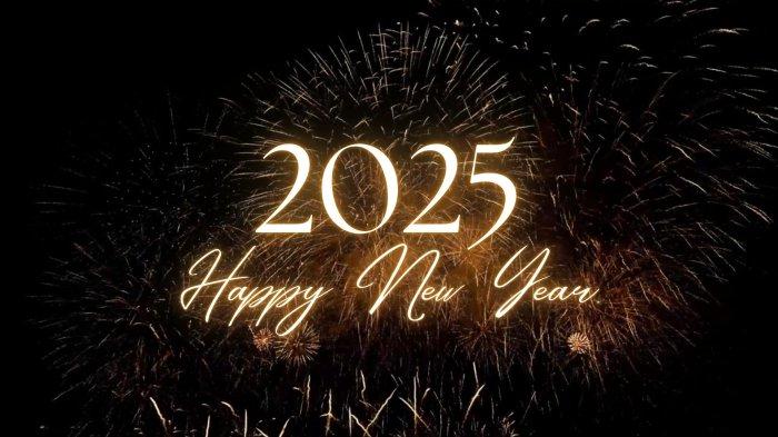 Ilustrasi ucapan selamat tinggal 2024 dan selamat Tahun Baru 2025 dalam bahasa Inggris.