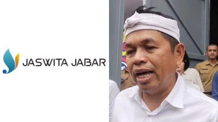 JASWITA JABAR DIEVALUASI - Kolase foto logo Jaswita Jabar (kiri) dan Dedi Mulyadi (kanan) saat peresmian pabrik sepatu di Kecamatan Cibatu, Kabupaten Garut, Senin (3/3/2025). Dedi Mulyadi menyebut akan mengevaluasi Jaswita Jabar karena kendala pembangunan yang menyebabkan banjir di Kabupaten Bogor.