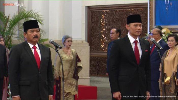 Tangkapan layar acara pelantikan Agus Harimurti Yudhoyono (AHY) sebagai Menteri ATR/Kepala BPN dan Hadi Tjahjanto sebagai Menkopolhukam di Istana Kepresidenan, Jakarta, Rabu (21/2/2024).