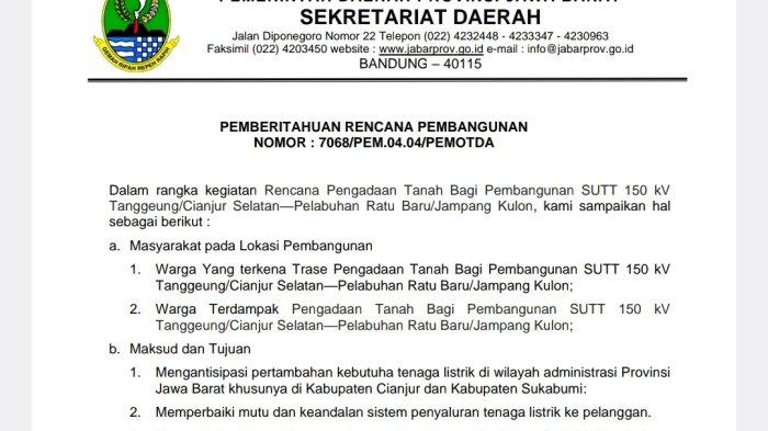 Rencana Pengadaan Tanah Bagi Pembangunan SUTT 150 kv Tanggeung/Cianjur Selatan- Pelabuhan Ratu Baru/Jampang Kulon,