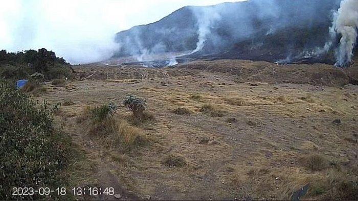 Savana Alun-alun Suryakencana Gunung Gede-Pangrango, Cianjur, terbakar, Senin (18/9/2023).