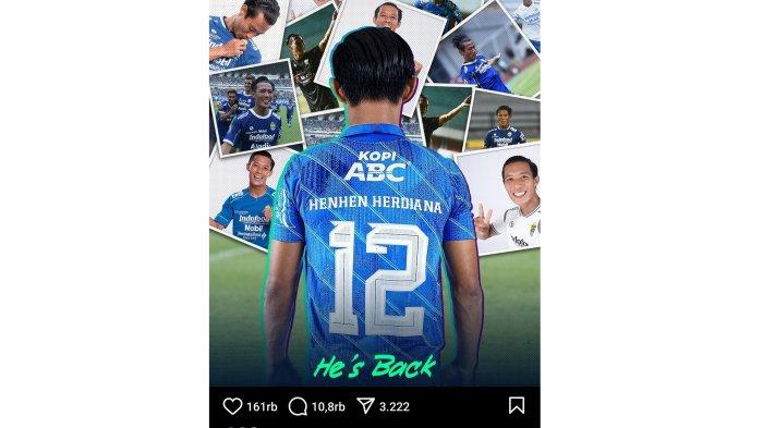 Tangkapan layar pengumuman kembalinya Henhen Herdiana dalam unggahan akun Instagram Persib, Rabu (29/11)