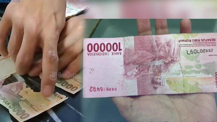 Uang kertas Rp 100 ribu dan Rp 5 ribu. Kenali ciri-ciri uang mutilasi yang viral, gabungan uang asli dan uang palsu agar jumlahnya banyak