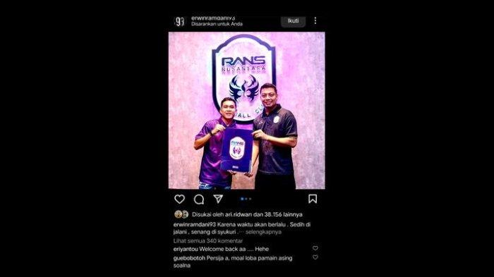 Unggahan perpisahan Erwin Ramdani dengan RANS Nusantara.