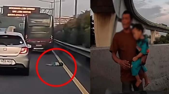 BOCAH TERJATUH DARI BUS: Tangkapan layar rekaman detik-detik seorang bocah terjatuh dari bus lalu tergeletak di Tol JORR, kondisi korban ternyata miris. Foto disadur pada Selasa (1/7/2025).