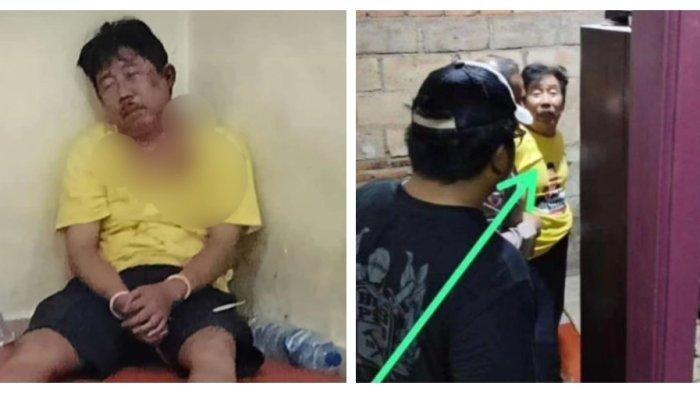 Wajah Didik Setiawan usai mendapatkan bogem dari orang tua GH yang kesal mengetahui anaknya dibunuh pada Minggu (2/6/2024). GH, bocah 9 tahun ini ditemukan di lubang tempat pompa air di rumah Didik Setiawan di Kelurahan Ciketing Udik, Kecamatan Bantargebang, Kota Bekasi, Jawa Barat pada Minggu (2/6/2024).