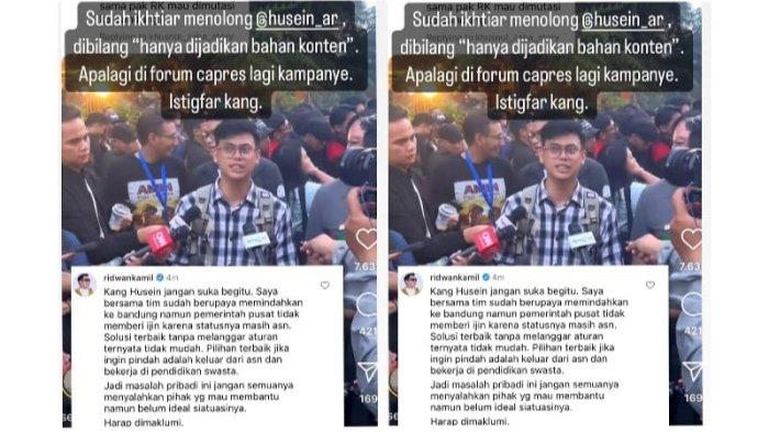 Tangkapan layar jawaban menohok Ridwan Kamil untuk Husein Alirafsanjani yang menyebut jadi bahan konten saat mengadukan jadi korban pungli CPNS. Dalam video tersebut, Husein menyebut ketika dia bertemu Ridwan Kamil, dia merasa hanya dijadikan konten. Ridwan Kamil pun menjawab tuduhan tersebut.