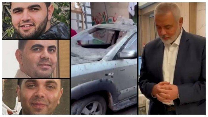Kepala biro politik Hamas di Qatar, Ismail Haniyeh (kanan) berduka atas kemartiran ketiga putranya (kiri) dalam pemboman Israel yang menargetkan mobil mereka (tengah) saat hari raya Idul Fitri, Rabu (10/4/2024). Tiga cucunya juga terbunuh dalam serangan itu.