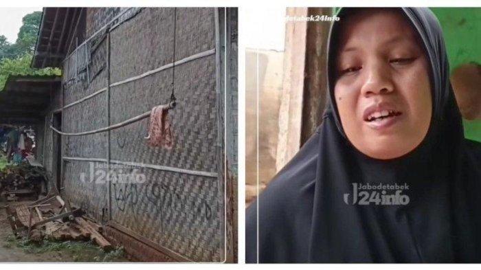 Kiri, rumah sangat sederhana berdinding anyaman bambu tempat tinggal Rouf bersama istri dan kelima anaknya di Kabupaten Serang, Banten. Kanan, Tunah, istri Rouf. Rouf merupakan sopir truk maut pada kecelakaan di ruas tol Cipularang Km 92 arah Jakarta yang melibatkan 17 kendaraan