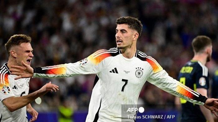 Kai Havertz merayakan gol ke gawang Skotlandia di laga pembuka Piala Eropa 2024 di Stadion Allianz Arena pada Jumat (14/6/2024) waktu setempat atau Sabtu dini hari waktu Indonesia. Jerman menang 5-1.