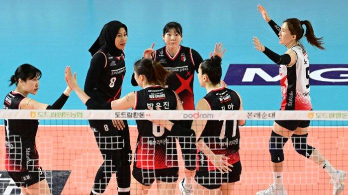 Megawati Hangestri saat membela JungKwanJang Red Sparks lawan Korea Expressway atau Gimcheon Hi-pass, 11 Februari 2024.