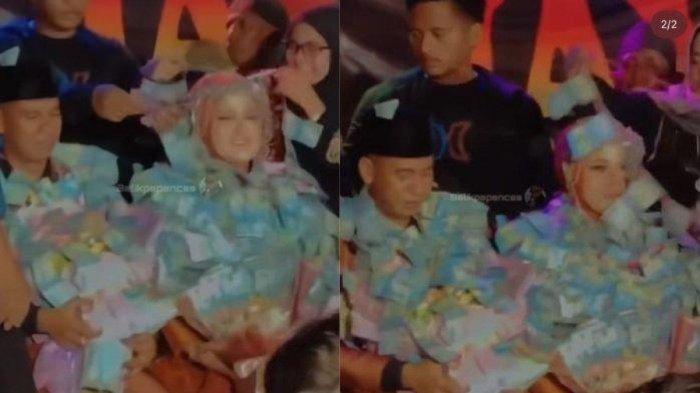 Beredar video viral pasangan pengantin di Balikpapan disawer hingga dikalungi uang oleh tamu undangan.