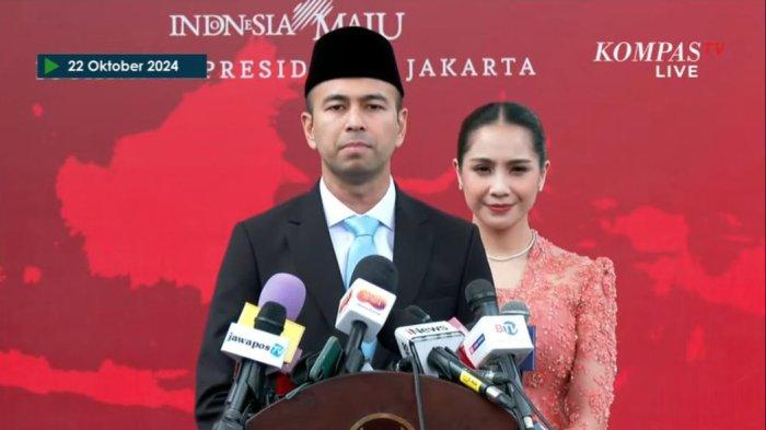 Raffi Ahmad dan Nagita Slavina setelah pengambilan sumpah di Istana Kepresidenan, Jakarta Pusat, Selasa (22/10/2024)