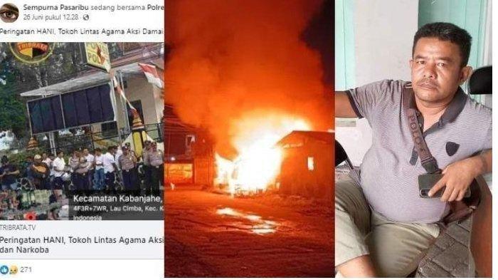 Rico Sempurna Pasaribu, wartawan Tribrata.tv (kanan) dan rumahnya yang terbakar serta tulisan soal perjudian. Rico bersama istri, anak dan cucunya tewas dalam rumah yang terbakar Kamis (27/6/2024) dini hari setelah memberitakan dugaan keterlibatan oknum TNI dalam bisnis perjudian.