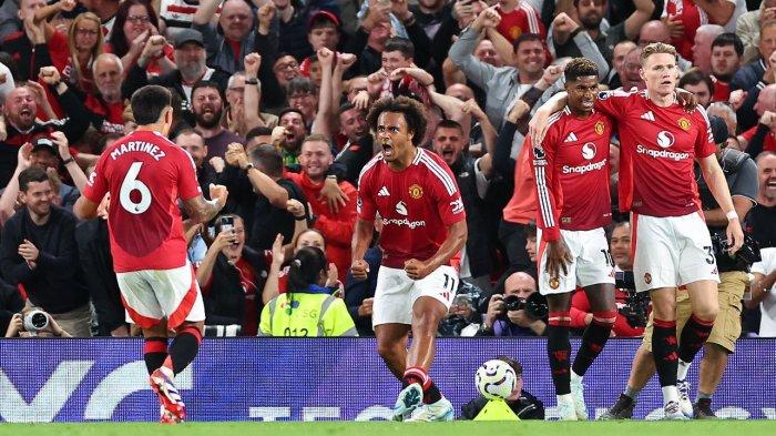 Selebrasi pemain Manchester United, Joshua Zirkzee, Lisandro Martinez, Marcus Rashford, dan Scott McTominay.