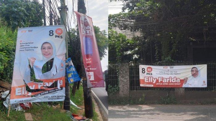 Baliho istri Wali Kota Depok M Idris, Elly Farida, di tiang listrik dan rumah warga, Kamis (6/7/2023).