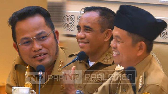 GUBERNUR KONTEN - Gubernur Kaltim Rudy Mas'ud (kiri) dan Gubernur Jabar, Dedi Mulyadi di rapat di Komisi II DPR RI, Selasa (29/4/2025). Pada rapat tersebut, Rudy menyapa Dedi sebagai gubernur konten.