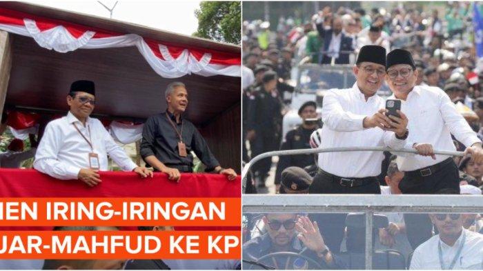 Momen saat pasangan Ganjar Pranowo - Mahfud MD naik mobil bak terbuka dan Anies Baswedan - Muhaimin Iskandar (Cak Imin) naik mobil klasik saat melakukan pendaftaran capres dan cawapres ke kantor Komisi Pemilihan Umum (KPU), Jakarta, Kamis (19/10/2023).