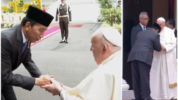 Kolase Foto Presiden Joko Widodo atau Jokowi dan Prabowo Subianto membungkukkan badan penuh hormat kepada Paus Fransiskus.