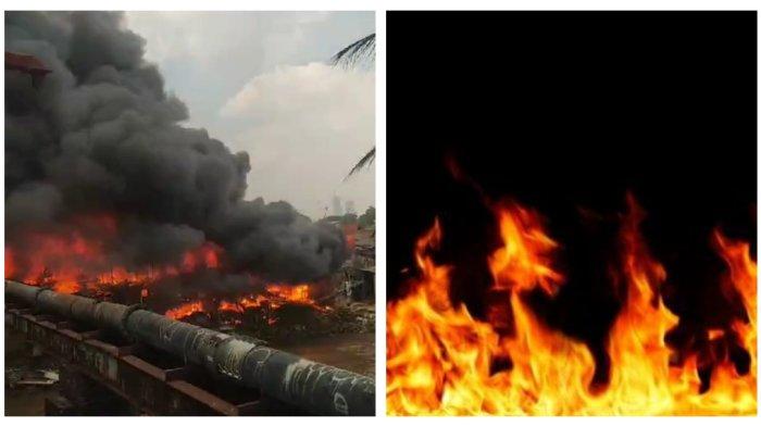 Kebakaran melanda pangkalan bambu yang berada di permukiman padat di kawasan Manggarai Selatan, Tebet, Jakarta Selatan pada Kamis (14/12/2023).