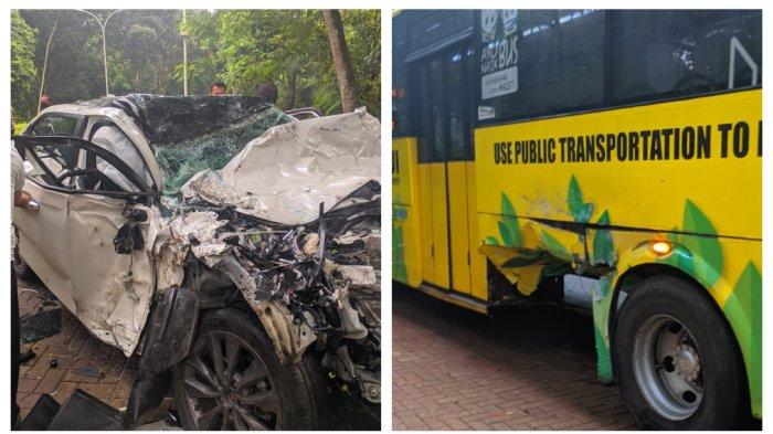 Kecelakaan besar melibatkan Honda HRV dengan bus kuning di Lingkungan UI, Depok, Jawa Barat pada Jumat (3/5/2024).