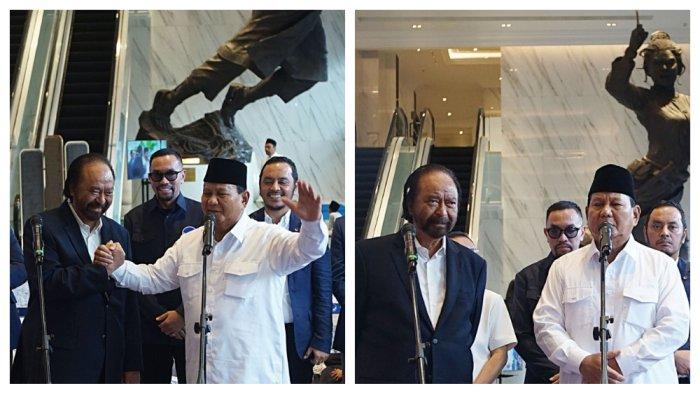 Ketua Umum Partai NasDem Surya Paloh menggelar karpet merah untuk menyambut kedatangan Prabowo Subianto di NasDem Tower, Jumat (22/3/2024).