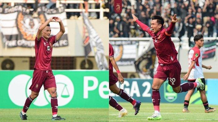 Pemain Sriwijaya FC, Herwin Tri Saputra (kanan) dan Chenco Gyeltshen selebrasi setelah mencetak gol ke gawang Sada Sumut FC dalam pekan pertama Liga 2 2023/2024 di Stadion Gelora Sriwijaya Jakabaring, Palembang, Minggu (10/9/2023) sore.