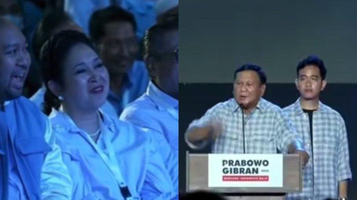 Pendukung 02 langsung riuh ketika Capres, Prabowo Subianto menyebut nama mantan istrinya, Titiek Soeharto ketika berpidato di Istora Senayan, Rabu (14/2/2024).