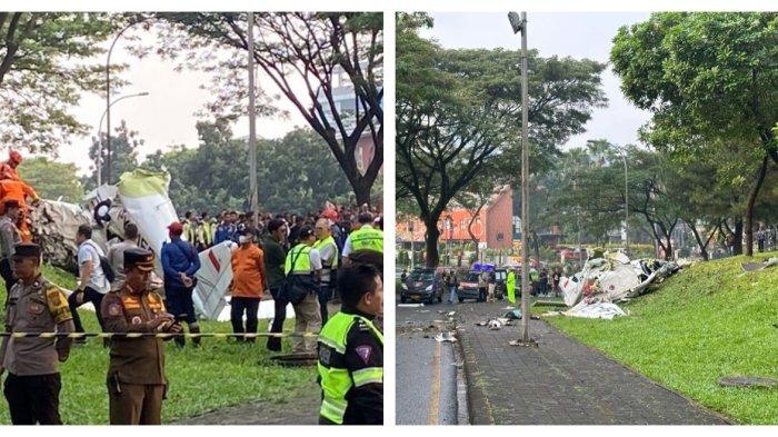 Pesawat latih jenis Cessna 172 milik Indonesia Flying Club (IFC) jatuh di Lapangan Sunberst, BSD, Tangerang Selatan, Minggu (19/5/2024).