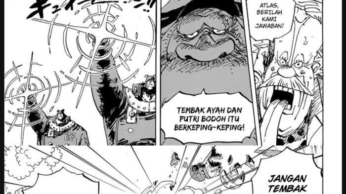 Potongan manga One Piece 1106, Saturn memerintahkan para Pacifista menghabisi Kuma dan Bonney.