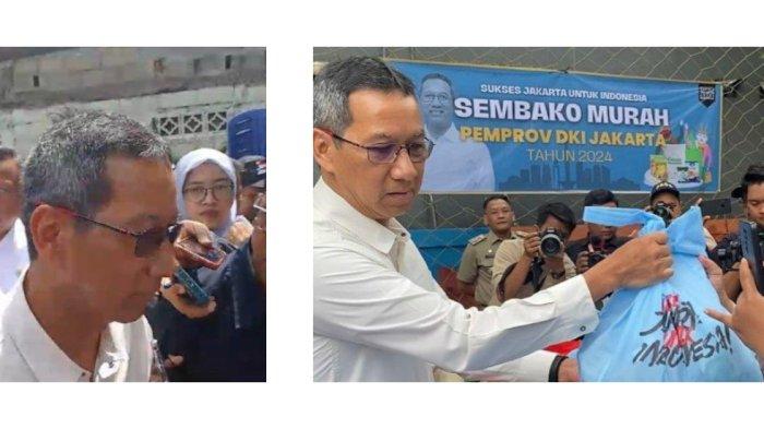 Potret Pj Gubernur DKI Jakarta, Heru Budi Hartono saat melengos dan saat menjalankan sembako murah.