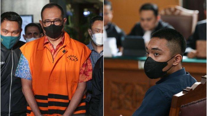 Mantan pemeriksa pajak pada Ditjen Pajak Kementerian Keuangan, Rafael Alun Trisambodo, saat ditahan petugas Komisi Pemberantasan Korupsi (KPK) karena terjerat kasus penerimaan gratifikasi senilai puluhan miliar rupiah (kiri) pada Senin (3/4/20923) dan putranya, Mario Dandy Satriyo (20) saat menjalani persidangan kasus penganiayaan Cristalino David Ozora (17) di Pengadilan Negeri Jakarta Selatan, Selasa (13/6/2023).