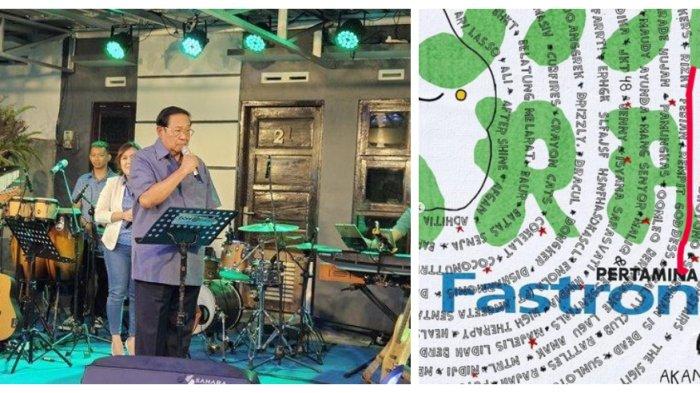 Kolase Foto Presiden keenam RI, Susilo Bambang Yudhoyono (SBY) saat menyanyi di Dusun Manggoran Magelang, Senin (11/12/2023) dan line up musisi Pestapora 2024