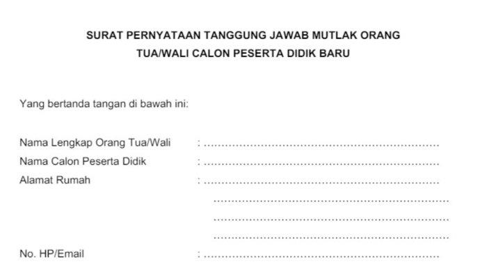 Surat Pernyataan Tanggung Jawab Mutlak (SPTJM) tentang Keabsahan Dokumen dari Orang Tua/Wali CPDB