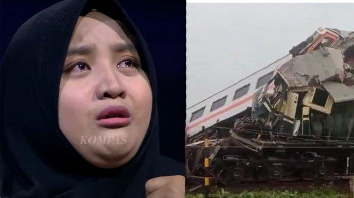 Santika Fuja Sari bersyukur setelah melihat jasad suaminya, Julian Dwi Setiyono Masinis KA Bandung Raya (Baraya) yang tewas tabrakan dengan KA Turangga di Cicalengka, Jumat (5/1/2024).