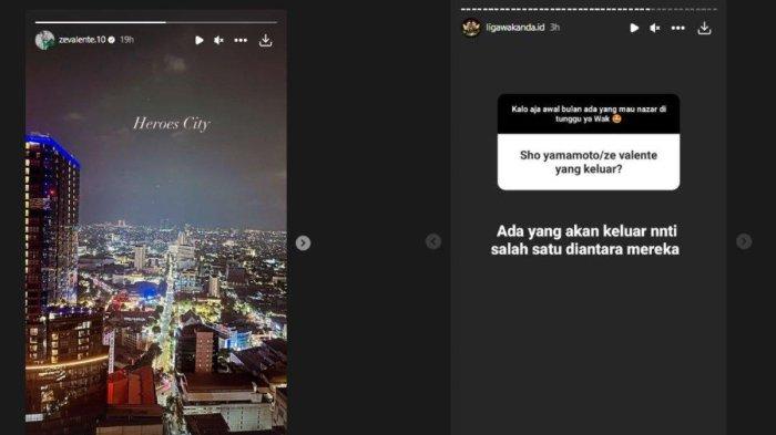 InstaStory Ze Valente (kiri) dan rumor terkait potensi Sho Yamamoto atau Ze Valente out.