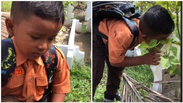 Sikap seorang bocah saat mengunjungi makam ibunda menjadi viral di media sosial.