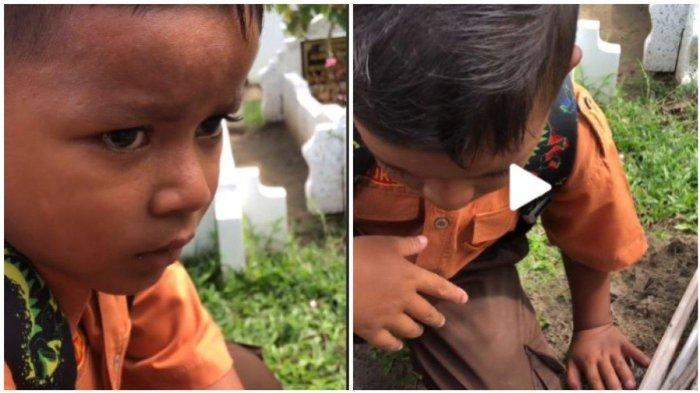 Sikap seorang bocah saat mengunjungi makam ibunda menjadi viral di media sosial.