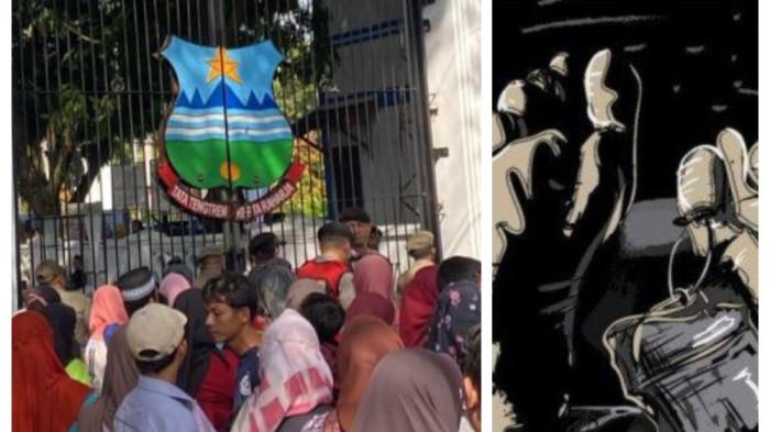 TIGA KORBAN TEWAS - Warga mengantre di gerbang pendopo Garut menunggu gelaran makan gratis yang merupakan rangkaian kegiatan pernikahan Wakil Bupati Garut Putri Karlina dan Maula Akbar putra dari Gubernur Jawa Barat Dedi Mulyadi, Jumat (18/7/2025) siang. Tiga orang tewas berdesakan sat mengantre makan gratis ini.