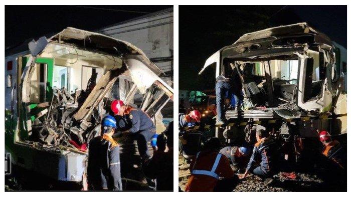 Kondisi kereta api commuter line Jenggala ringsek setelah berhasil dievakuasi mundur. Ruang masinis sudah tak berbentuk. (TRIBUN JATIM/ WILLY ABRAHAM )