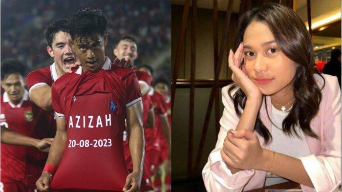 Pemain Timnas Indonesia U-23 Pratama Arhan Alief Rifai menunjukkan tulisan bertuliskan nama istri dan tanggal pernikahan, Azizah 20-08-2023 usai mencetak gol kedua bagi timnya dalam laga pamungkas babak kualifikasi Grup K Piala Asia U-23 Qatar 2024 di Stadion Manahan Solo, Selasa (12/9/2023) malam